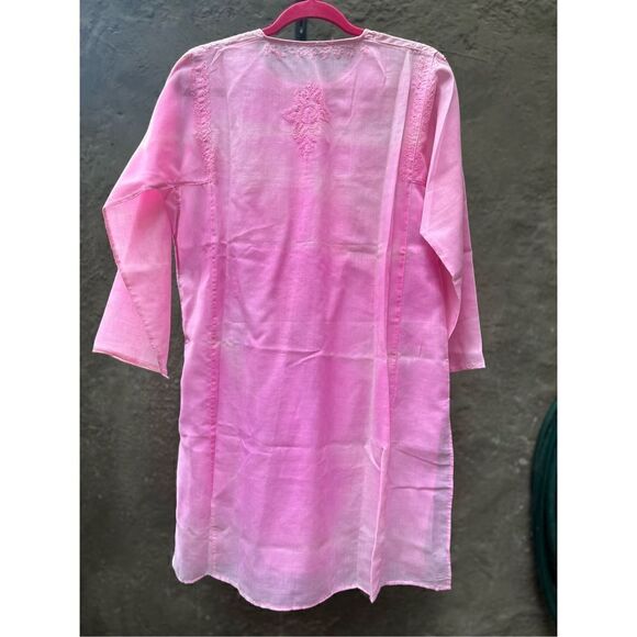 PINK TIE DYE SEMI SHEER COTTON CAFTAN COVERUP EMBROIDERED LONG KURTA TOP L/XL - Picture 15 of 15